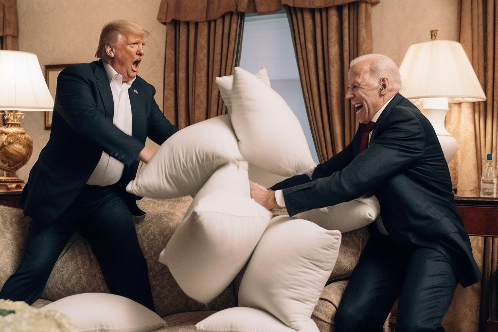 President Trup and President Biden engage in a pillow fight AI Deepfake
